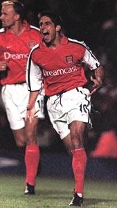 Celebrating after his goal v Chelsea